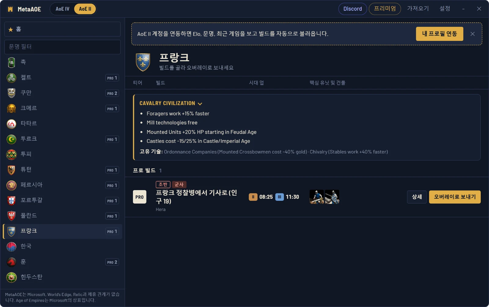 AoE II의 MetaAOE: 프랑크, 문명 보너스, Hera의 빌드(오버레이로 보낼 준비 완료)