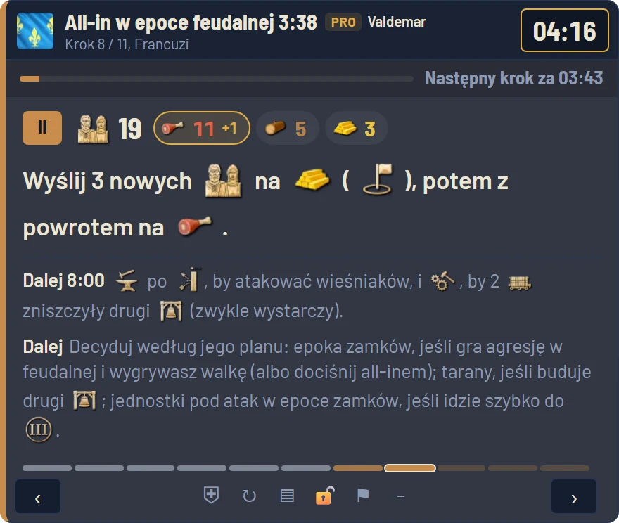 Overlay w grze: krok 4 z 9, 13 wieśniaków, 6 na jedzeniu, 4 na drewnie, 3 na złocie, epoka feudalna za 1:30 za 400 jedzenia i 200 złota